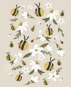 bees and daisies on a beige background with green leaves, white flowers and black stripes