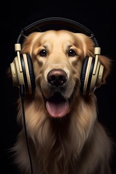 A photography of a golden retriever dog wearing beige headphones posing in a black background. Golden Retriever Photography, Golden Retriever Wallpaper, A Dogs Purpose, Cute Golden Retriever, Ganapati Bappa, Best Whatsapp Dp, Big Dog Breeds