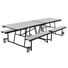 three tables and two benches with wheels on the bottom one is white, the other is black