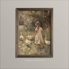 a painting of a girl feeding ducks in a field