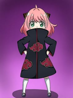 an anime character with pink hair and green eyes, wearing a black coat while standing in front of a purple background