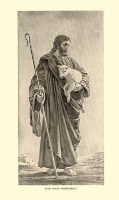 an old drawing of a man holding a sheep in his arms and wearing a long robe