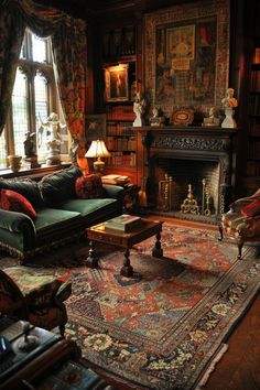 a living room filled with furniture and a fire place in the middle of a room