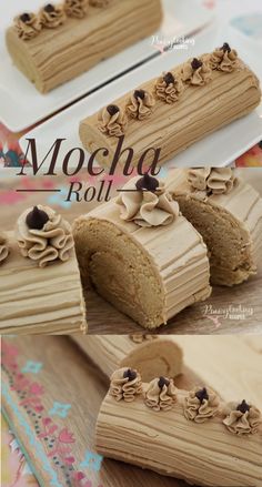 there is a cake that has been cut in half and placed on a plate with the words mocha roll written below it