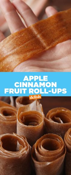 apple cinnamon fruit roll - ups are being held by someone's hand