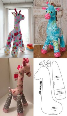 three different types of stuffed animals are shown in this collage, including giraffes and zebras