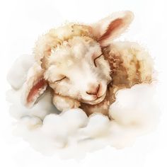 a sheep is sleeping in the clouds with its head on it's back and eyes closed