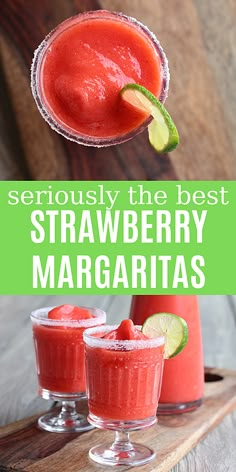 the best strawberry margaritas are served in glasses and garnished with lime