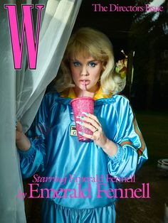 the cover of w magazine features a blonde woman drinking from a pink cup and holding a straw