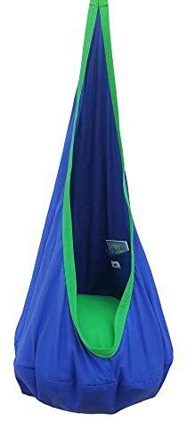 a blue and green hanging chair