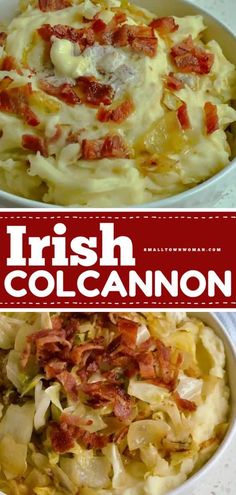 collage of irish cole slaw and potato salad with bacon in white bowl on table