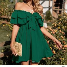 Shein Off Shoulder Frill Knot Front Tiered Layer Dress. Size Large Color Is Green. Never Been Worn. In Great Condition. Flowy Dress Casual, Front Knot Dress, Gaun Fashion, Cottagecore Style, Short Summer Dresses, Shein Dress, Fashionista Clothes, Long Dress Casual, Layer Dress