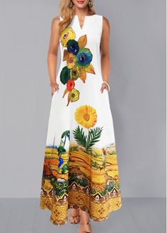 Floral Print Split Neck Sleeveless Dress | Rotita.com - USD $14.99 Summer V-neck Maxi Dress With Multicolor Embroidery, Multicolor V-neck Floral Dress With Tropical Print, Summer Maxi Dress Floral, Tropical Maxi Dress With Vibrant Print And V-neck, Maxi Design, Multicolor V-neck Maxi Dress With Abstract Print, Multicolor Print V-neck Maxi Dress With Abstract Design, Latest Dress For Women, Dresses Elegant