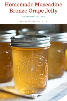 homemade muscadinee broccoli grape jelly in mason jars with text overlay