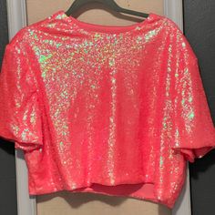 Hot Pink Sequin Crop Top. Size Xl And Never Worn. Loved It But I’m Not Comfortable With The Crop Top On Myself. Hot Pink Sparkly Top, Pink Crew Neck Blouse For Party, Pink Sparkly Top, Goth Outfit Ideas, Goth Outfit, Neon Outfits, Sparkly Top, Sequin Crop Top, Pink Sparkly