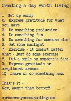 an old paper with writing on it that says, creating a day worth living get up early