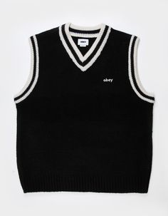 Obey Alden Sweater Vest. Obey Embroidery At Left Chest. V-Neck. Contrast Color Openings With Stripe Details. Ribbed Openings And Hem. 80% Acrylic 20% Wool. Hand Wash. Imported. Styling Aesthetic, Mens Sweater Vest, Wwe T Shirts, Flannel Sweatshirt, Sweater Vest Mens, Winter Mood, Street Fashion Men Streetwear, Mens Sweater, Knitted Vest