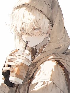 an anime character holding a drink and looking at the camera while wearing a hoodie