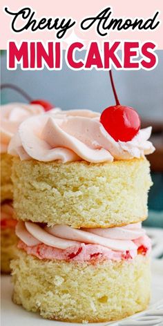 a close up of a cake on a plate with the words cherry almond mini cakes