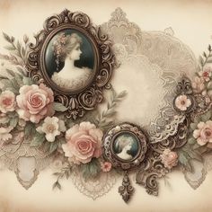 an old fashion photo frame with flowers and lace around the edges, depicting a woman's profile