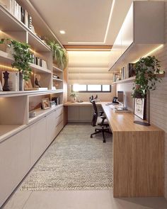 an office area with desk, shelves and plants