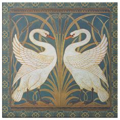 two white swans standing next to each other in front of a blue background with gold border