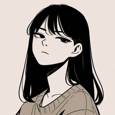 a drawing of a girl with long black hair and brown shirt looking off to the side