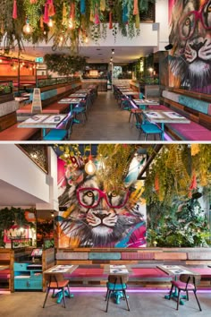 Lion mural, graffiti style. cool casual restaurant. Funky planting, hanging plants and flowers. Neon lighting and glowing pendant lights. Pink, orange, green and turquoise restaurant design. Interior design for Indian street food restaurant. Hipster Restaurant Design, Restaurant Design Colorful, Funky Cafe Interior Design, Colorful Restaurant Interior Design, Cafe Interior Design Colorful, Funky Cafe Interior, Colourful Restaurant Interior, Urban Restaurant Design, Eclectic Restaurant Design