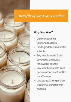 many candles are lined up in rows with the words benefits of soy wax candles on them