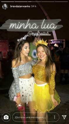 two girls dressed in costumes standing next to each other at a party with the caption's name on it