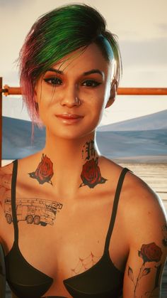 a woman with green hair and tattoos on her chest