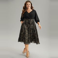 Shop Chiffon Moroccan Print Glitter Belted Overlap Collar Dress now and redefine your style with confidence at BloomChic. Tailored for mid and plus-size women. This trendy Dress, sizes 10-30. You can never go wrong with BloomChic Dresses. Season:Winter;Color:Black;Style:Party;Neckline:Overlap Collar;Sleeve Type:Lantern Sleeve;Pattern Type:Moroccan Print;Details:Pocket, Button, Elastic Waist, Patchwork, Printed, Belted, Elastic cuffs, Wrap;Pocket:It is perfectly sized to carry a phone.;Belt:Belt Simple Dress Styles, Moroccan Print, Daily Dress, Collar Dress, Plus Size Dress, Sleeves Pattern, Trendy Dresses, Fitted Dress, Simple Dresses