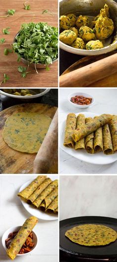 several different images of food being prepared on plates and in pans, including tortillas