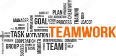 the word teamwork written in orange and black on a white background