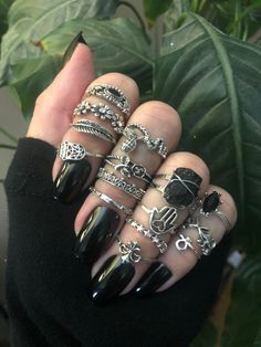 Alloy rings  Sizes  7 6 7 7.5 3 5.5 6 2.5 6 6 7.5 7.5 7 6 6 Full Hand Of Rings, Lots Of Rings On Hand, Rockstar Girlfriend Jewelry, Simplistic Rings, Emo Rings Jewelry, Rings Dark Academia, Hand Full Of Rings, Gothic Rings Aesthetic