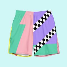 Color Block swim trunks with modern checkerboard and zig zag accents - these are LOUD so you can wear them proud.  Do you prefer to stay inside in the AC? Get this design on a hoodie! https://etsy.me/3NkGLwO * Fabric composition: 91% recycled polyester, 9% spandex * Liner composition: 92% polyester, 8% spandex * Fabric weight: 5.13 oz/yd² (174 g/m²)  * Four-way stretch water-repellent microfiber fabric * Anti-chafe mesh inner liner * Elastic waistband with drawcord * Mesh pockets * Small inside pocket * UPF 50+ Retro Multicolor Color Block Bottoms, Playful Black Shorts For Summer, Retro Streetwear Shorts For Summer, Playful Black Beach Shorts, Retro Summer Streetwear Shorts, Retro Color Block Bottoms For Summer, Playful Multicolor Sports Shorts, Retro Color Block Swimwear, Trendy Multicolor Sports Shorts