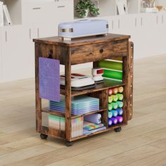 a small wooden cart with many different items on it's sides and shelves in the background