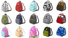 the back packs are all different colors and patterns