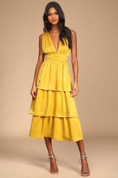 Mustard Yellow Dress - Satin Midi Dress - Tie-Back Tiered Dress - Lulus Midi Dress Wedding, Midi Dress Wedding Guest, Mustard Yellow Dresses, Party Vibe, Sleeveless Wrap Dress, Tiered Midi Skirt, Yellow Satin, Tiered Ruffle Dress