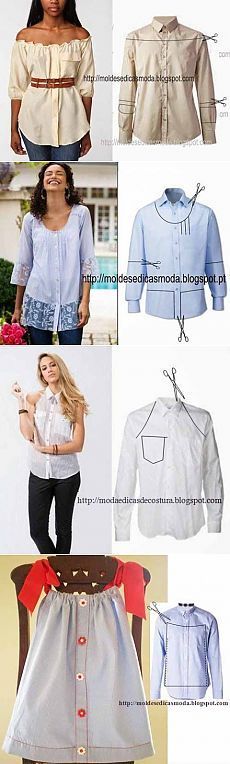 Переделки - что можно сшить из мужской рубашки | Искусница Gamle T Shirts, Shirt Makeover, Recycle Old Clothes, Cut Up Shirts, Projek Menjahit, Refashioned Clothing, Upcycle Clothing