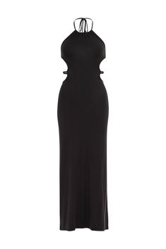 If you are ready to turn heads, then say hello to the Kristina maxi dress. Elevated with luxury details, Kristina is an ultra-flattering, sensual maxi dress with a timeless silhouette. Crafted from soft and luxurious modal. A perfectly flawless dress for any occasion with a body hugging fit and a cutout back framed beautifully with self-tie straps and a delicate halter neck. Wear with heels and gold jewelry and style with an oversized blazer for the ultimate finishing touch. Modal: a soft man-ma Black Maxi Dress With Sheer Backless Detail, Luxury Black Cutout Dress, Black Floor-length Maxi Dress With Cutout, Black Cutout V-neck Maxi Dress, Black V-neck Maxi Dress With Flattering Silhouette, Halterneck Dress, Oversized Blazer, Gold Dress, Black Maxi Dress