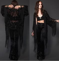 Goth Bell Bottoms Outfit, Goth Bell Bottoms, Black Hippy Outfits, Bohemian Black Outfit, Boho Vampire Aesthetic, Goth Kimono Outfit, Bohemian Goth Fashion, Goth Boho Aesthetic, Witchy Pants Outfit