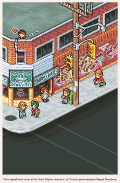 an old school video game with people walking on the street in front of a building