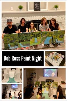 people sitting at a table with paintings on it and the words bob ross paint night