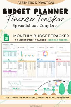 the budget planner spreadsheet template is shown in green and white with an image of trees