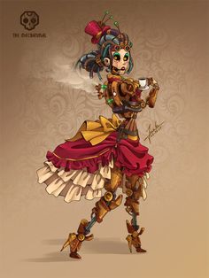 a woman dressed in steampunk and holding a cup