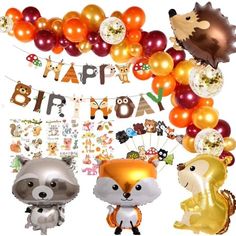 an assortment of foil balloons and decorations for a birthday party with woodland animals, hedgehogs, raccoon, fox