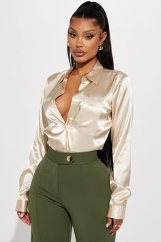 Available In Black, White, Champagne, And Pink. Satin Shirt Double Pockets Collar Long Sleeve 100% Polyester Imported | You Better Work Satin Shirt in Champagne size 1X by Fashion Nova Champagne Top Outfit, Long Sleeve Work Outfit, Pink Dress Shirt Outfit, Black Women Fashion Classy Chic, Pink Satin Shirt, Silk Blouses For Women, Satin Blouse Shirts, Champagne Fashion, Satin Blouse Outfit