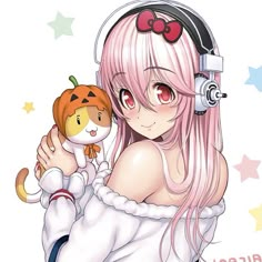 a girl with pink hair holding a stuffed animal and listening to music on headphones