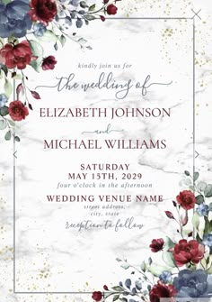 an elegant wedding card with red and blue flowers